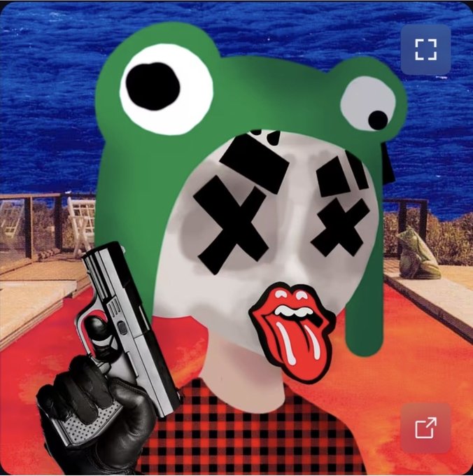 A surreal digital artwork depicts a figure in a green frog costume and red plaid shirt, wearing a white mask with X-eyes, holding a silver pistol against a beach backdrop.