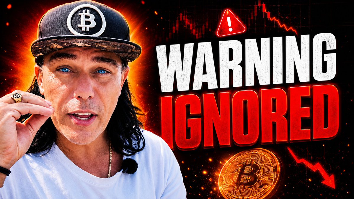 The image shows a man wearing a Bitcoin-logo cap and gold Bitcoin ring, positioned next to bold text reading "WARNING IGNORED," with a Bitcoin coin and downward-trending red chart in the background—visually reinforcing the post's message about a critical Bitcoin warning that is being overlooked.