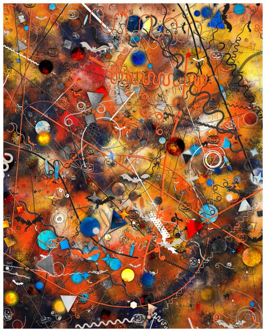 A vibrant, chaotic abstract painting filled with swirling lines, geometric shapes, splatters of paint, and a warm palette of oranges, yellows, and reds punctuated by bright blue accents.