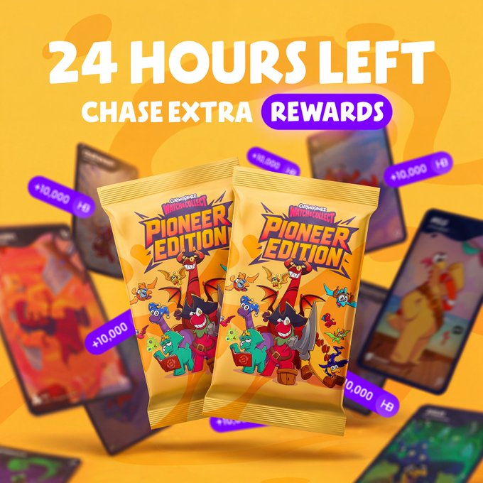 A promotional graphic with a yellow background shows "24 HOURS LEFT - CHASE EXTRA REWARDS" in bold text above two "Pioneer Edition" Huckleberry NFT packs, surrounded by floating phone displays showing "+10,000 HB" rewards, illustrating the final-day mint deadline referenced in the post.