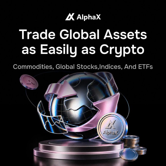 An advertisement for AlphaX promotes trading 'Global Assets as Easily as Crypto,' including Commodities, Global Stocks, Indices, and ETFs, illustrated with a metallic globe and coins.