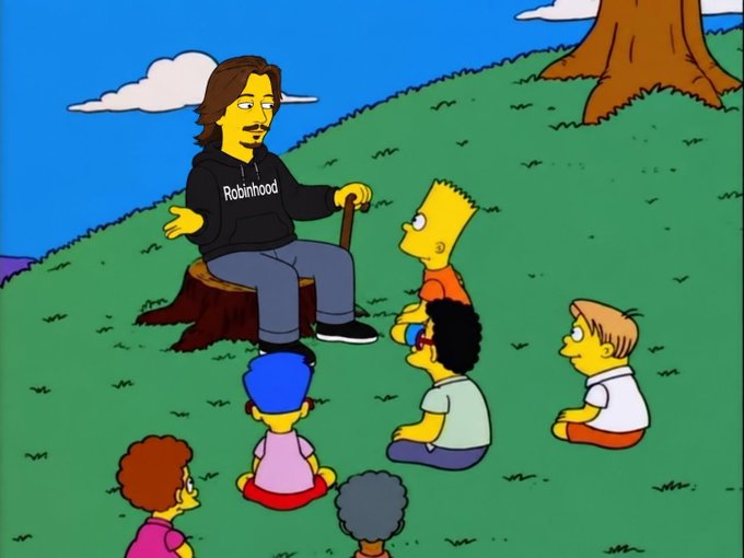 A cartoon mashup showing a character wearing a black 'Robinhood' hoodie sitting on a tree stump, with Bart Simpson and other Springfield kids sitting in a circle around him.