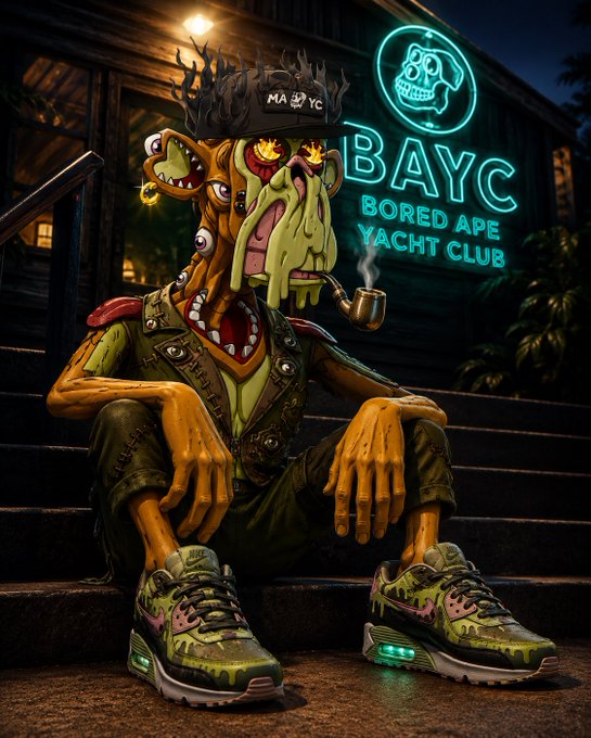 A grotesque, mutated Bored Ape Yacht Club character sits on stone steps smoking a pipe, wearing a cap labeled "MA YC" and dripping green sneakers, in front of a glowing neon "BAYC - BORED APE YACHT CLUB" sign. The unsettling, horror-style illustration plays on the iconic BAYC branding to deliver a gritty greeting of "GN Apes!" to the community.