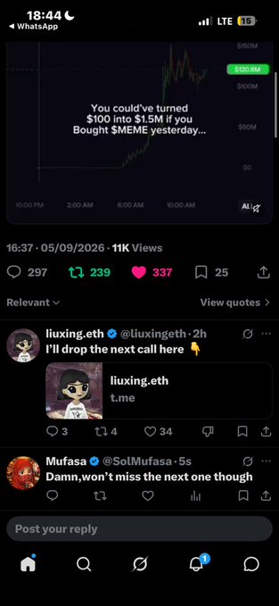 A screenshot of a social media post shows a cryptocurrency chart for $MEME with text reading 'You could've turned $100 into $1.5M if you Bought $MEME yesterday...', along with engagement stats and comments from liuxing.eth and Mufasa.