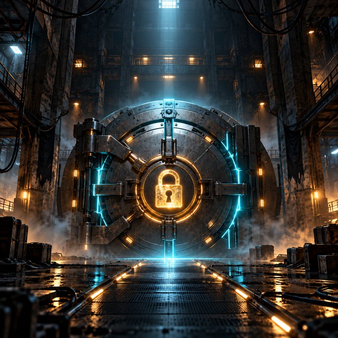 A sci-fi digital artwork of a massive circular metal vault door with a glowing padlock icon in the center, set in a dim industrial facility with steam and neon blue lights.