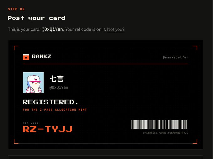 A digital card interface labeled "STEP 02 Post your card" displays the user "@0xQiYan" registered for the "Z-PASS ALLOCATION MINT" on RANKZ, featuring the username "七言" and a reference code "RZ-TYJJ".