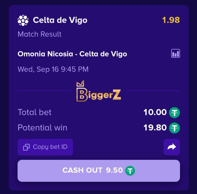 A sports betting screenshot from BiggerZ showing a match result bet on Omonia Nicosia - Celta de Vigo on Wed, Sep 16 9:45 PM, with a total bet of 10.00 and potential win of 19.80.