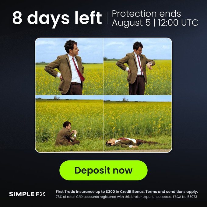 A SimpleFX promotional ad displays "8 days left | Protection ends August 5 | 12:00 UTC" alongside a four-panel comic showing a man in a suit standing, then sitting, then lying in a yellow field, with a green "Deposit now" button and fine print noting "First Trade Insurance up to $300 in Credit Bonus." The image visually ties to the post by promoting SimpleFX's First Trade Insurance offer that can refund new traders up to $300 in trading credit on losing first trades.