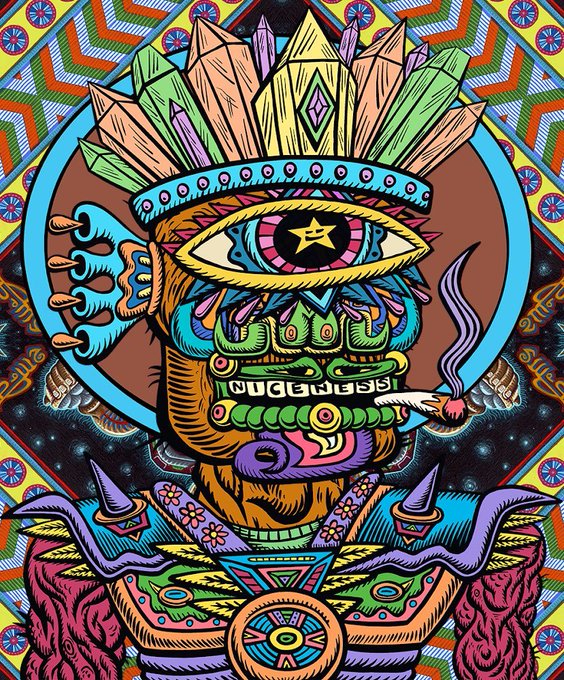 A vibrant, psychedelic illustration features a surreal tiki-like figure with a third eye on its forehead, a crown of crystals, and a cigar, with the word "WALGREENS" appearing in the mouth area. The post promotes a Galaktic Gang NFT giveaway requiring an EVM wallet drop, likely themed around this trippy, tribal artwork.