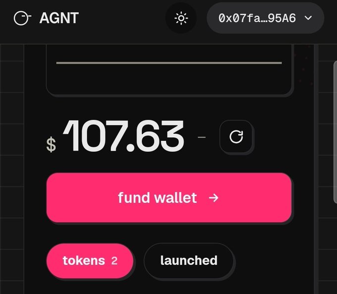 A mobile wallet interface for AGNT showing a balance of $107.63, a 'fund wallet' button, and indicators for 2 tokens launched.