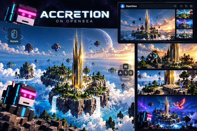 A promotional image for 'ACCRETION ON OPENSEA' displays a fantasy digital art scene of floating islands with a golden tower, alongside smaller preview thumbnails and interface controls like 'Rotate' and 'Move'.