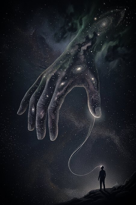 A surreal digital artwork showing a giant, translucent hand made of stars and galaxies reaching down from a dark sky, with a thin glowing line connecting its finger to a small silhouetted person standing on a rock.