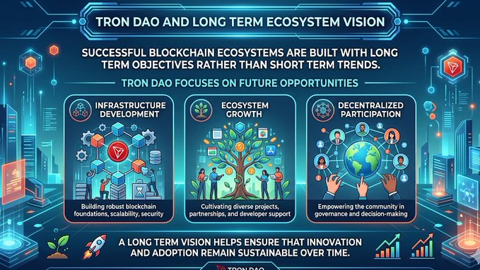 The image shows a colorful poster or banner that features various illustrations of a building, tree, people, and other elements related to blockchain technology and ecosystems. The background of the poster indicates an emphasis on long term vision and goals, with text referring to "TRON DAO" and "long term ecosystem vision". One description mentions that TRON DAO focuses on infrastructure development and ecosystem growth in support of future opportunities.