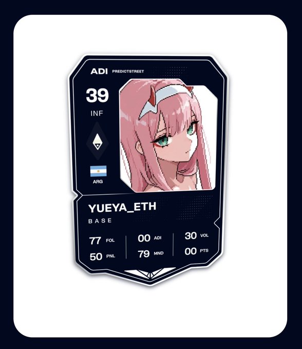 The image features a sticker with a cartoon girl's face, and it has a rating of 39. The girl appears to be wearing a pink shirt and has green eyes. The background color of the sticker is white. The text "ADI Predictstest" is written on the sticker in black letters. The post also mentions that the sticker was created by @Predictstreet, which is an AI-powered platform for predicting sports events.