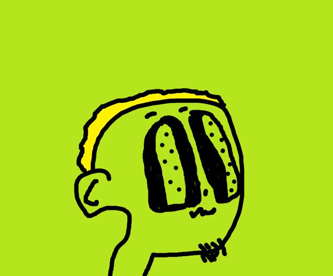A crude hand-drawn sketch on a bright green background depicting a bald figure with wide, staring eyes and a stitched mouth, resembling a meme-style cartoon character.