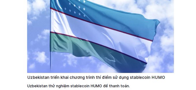 The flag of Uzbekistan waving against a sky background with text in Vietnamese: 'Uzbekistan triển khai chương trình thí điểm sử dụng stablecoin HUMO' and 'Uzbekistan thử nghiệm stablecoin HUMO để thanh toán.'