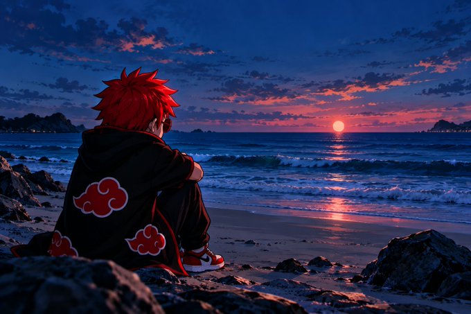 An anime-style illustration of a character with red hair wearing a black Akatsuki cloak, sitting on rocks and watching a sunset over the ocean.