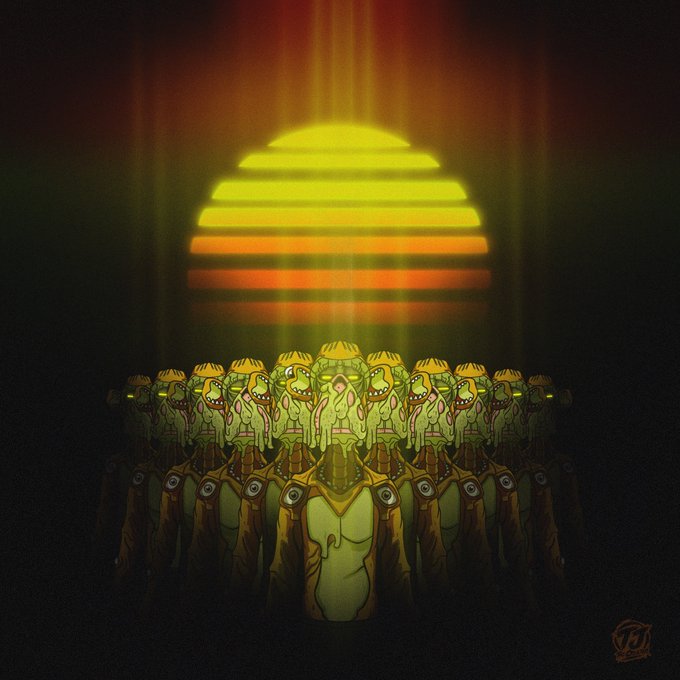 An illustration of a crowd of green, alien-like humanoid figures gathered beneath a retro-styled striped sun in orange and yellow hues.