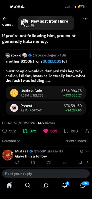 A Twitter/X screenshot displays a post from 'rocco' (@roccodegen) claiming another $350k from $USELESS, highlighting gains of +$55,385.27, with a reply from 'Mufasa' (@SolMufasa) saying 'Gave him a follow'.