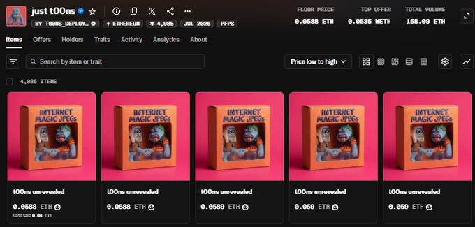 An OpenSea NFT marketplace page showing a collection called 'just t00ns' by TONNS_DEPLOY_O... on Ethereum, with multiple 't00ns unrevealed' items displayed on pink backgrounds.