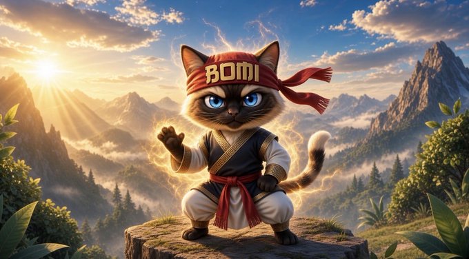 A digital illustration of an adorable Siamese cat dressed as a martial artist wearing a red headband with "ROMI" written on it, posing on a mountain cliff at sunrise with glowing energy effects.