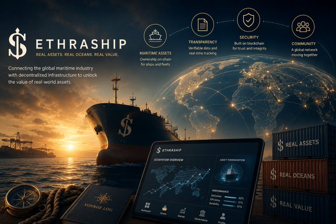 The image is a promotional graphic for "ETHRASHIP," featuring a large cargo ship at sunset, a compass, shipping containers labeled "REAL ASSETS," "REAL OCEANS," and "REAL VALUE," alongside a tablet displaying the platform's ecosystem overview. Four key pillars are highlighted with icons: "MARITIME ASSETS," "TRANSPARENCY," "SECURITY," and "COMMUNITY," reinforcing the tagline "Connecting the global maritime industry with decentralized infrastructure to unlock the value of real-world assets." This visual aligns with the post by showcasing EthraShip's structured, step-by-step onboarding approach, emphasizing clarity and trust-building through its modular interface rather than overwhelming users with all features at once.