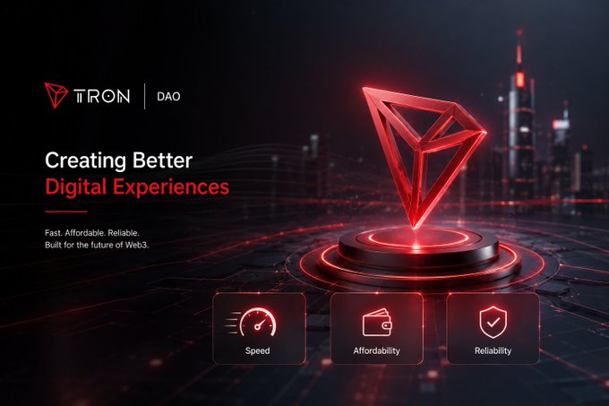 A promotional banner for 'TRON DAO' features the tagline 'Creating Better Digital Experiences' alongside a glowing red 3D diamond logo, with icons highlighting Speed, Affordability, and Reliability.
