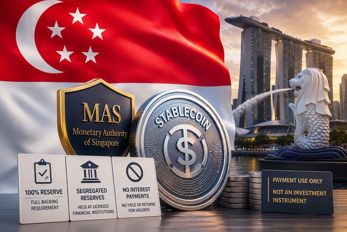 A promotional image showing the Singapore flag and Marina Bay Sands, featuring "MAS Monetary Authority of Singapore" branding alongside a "STABLECOIN" emblem with icons for 100% Reserve, Segregated Reserves, and No Interest Payments, noting "PAYMENT USE ONLY NOT AN INVESTMENT INSTRUMENT."