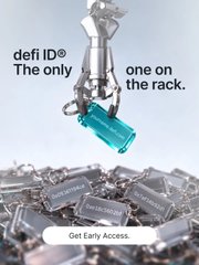 An advertisement displays a robotic hand holding a teal square container, with text 'defi ID The only one on the rack' and a 'Get Early Access' button.