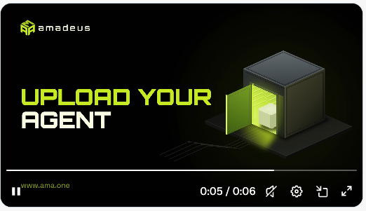 A video thumbnail with the 'amadeus' logo displaying the text 'UPLOAD YOUR AGENT' alongside a 3D green cube, showing playback at 0:05/0:06.