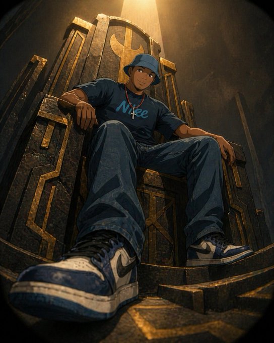 An anime-style illustration depicts a young man wearing a blue Nike t-shirt, blue bucket hat, and Nike sneakers, sitting on an ornate golden throne in a dark setting.