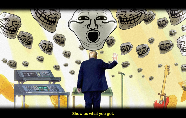 A man stands before a wall of grinning "Trollface" memes with one large meme showing an exaggerated screaming expression, while music equipment surrounds him. The caption "Show us what you got." appears at the bottom, fitting the post's bullish prediction about the meme token $TROLL by framing it as a performance awaiting applause.
