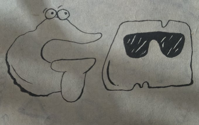 A crude hand-drawn illustration on white paper featuring two cartoonish faces side-by-side: a gray, blob-like character with googly eyes on the left, and a square-headed figure wearing black sunglasses on the right.