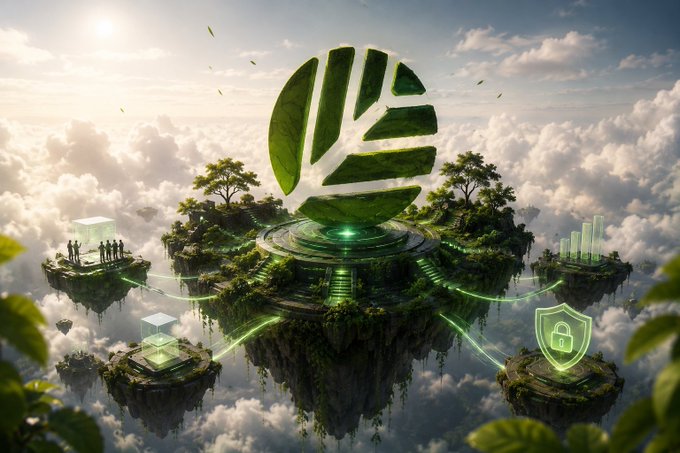 A fantasy digital illustration showing floating islands in the clouds with a large green leaf logo in the center, connected by glowing green lines, featuring a security shield icon.