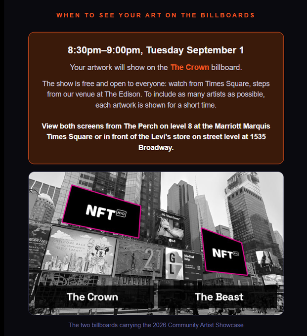 An announcement for the NFT NYC billboard showcase reads 'WHEN TO SEE YOUR ART ON THE BILLBOARDS' with details for 8:30pm–9:00pm Tuesday September 1, showing two billboards labeled 'The Crown' and 'The Beast' in Times Square.