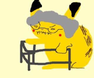 A simple cartoon drawing of a yellow creature with black ears looking at a piece of paper with a grid on it.