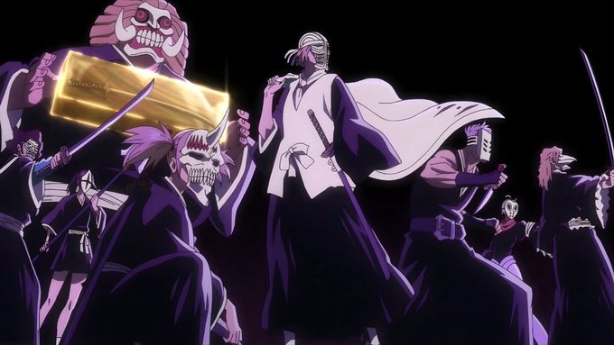 A dramatic anime illustration depicts a central figure in white robes with a sword, surrounded by menacing masked warriors wielding weapons against a dark background. The image accompanies a post listing various NFT screening and minting tools, though no direct visual connection exists between the artwork and the blockchain platforms mentioned.