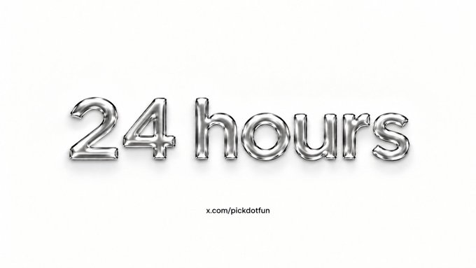 Silver foil-style balloons spelling "24 hours" on a white background with the URL "x.com/pickdotfun" displayed below.