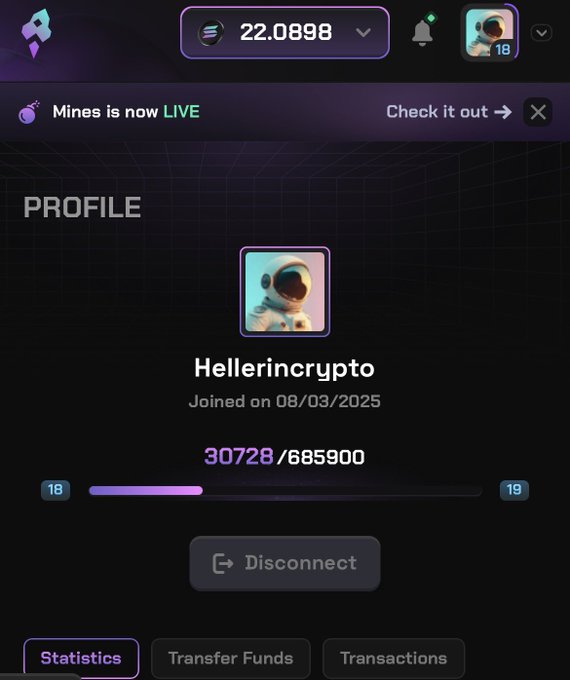A profile screen for the user "Hellerincrypto" (joined 08/03/2025) showing a balance of 22.0898 and XP 30728/685900, with options to view Statistics, Transfer Funds, or Transactions.