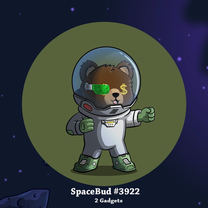 A cartoon bear character dressed as an astronaut with green gloves, boots, and a dollar sign on its helmet is labeled 'SpaceBud #3922' with '2 Gadgets' below.