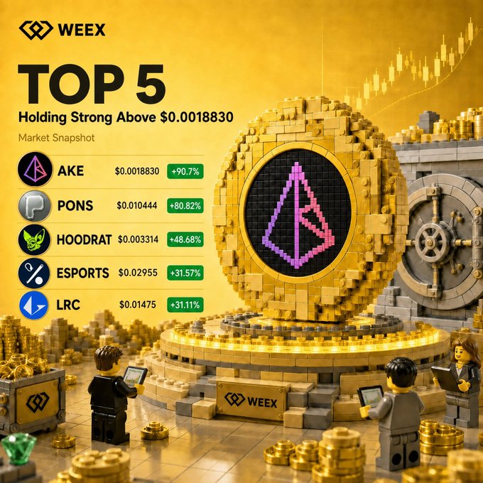 A WEEX market snapshot graphic titled "TOP 5 Holding Strong Above $0.0018830" displays a 3D LEGO-style scene featuring a large golden coin with a pink Ethereum symbol on a pedestal, surrounded by minifigure characters. The list shows AKE at $0.0018830 (+90.7%), PONS at $0.010444 (+80.82%), HOODRAT at $0.003314 (+48.68%), ESPORTS at $0.02955 (+31.57%), and LRC at $0.01475 (+31.11%), matching the post's call to comment your top pick.
