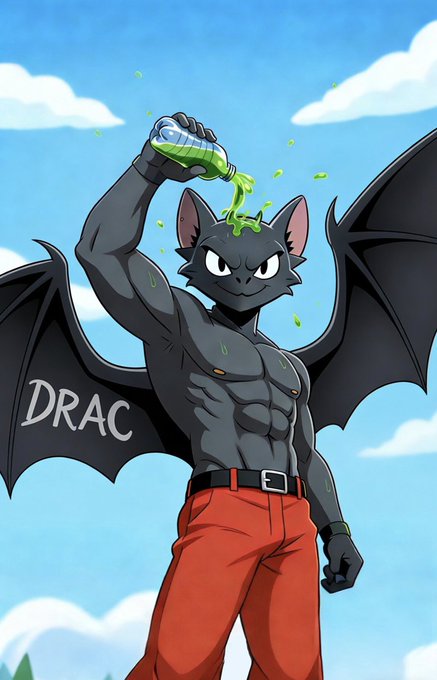 An anime-style illustration of a muscular anthropomorphic bat character named 'DRAC' pouring a glowing green potion over its head while wearing orange pants.