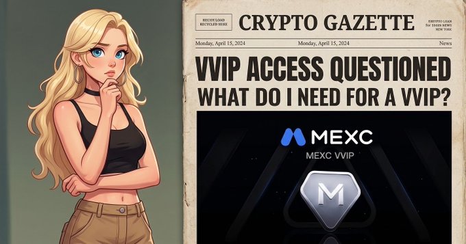 A graphic featuring an anime-style blonde woman thinking beside a 'Crypto Gazette' newspaper headline dated April 15, 2024, reading 'VVIP ACCESS QUESTIONED WHAT DO I NEED FOR A VVIP?' alongside the MEXC exchange logo.