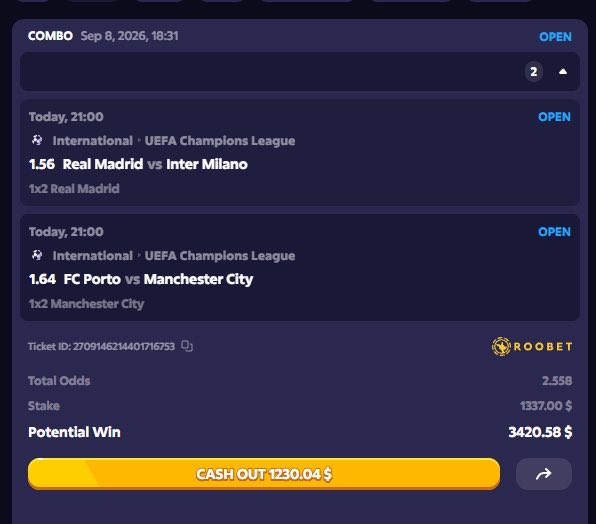 A Roobet combo bet slip dated Sep 8, 2026, shows two UEFA Champions League selections: Real Madrid vs Inter Milano (1.56) and FC Porto vs Manchester City (1.64), with a stake of $1,337, total odds of 2.558, and a potential win of $3,420.58, alongside a $1,230.04 cash-out option. The image illustrates the bet the user is referencing in their giveaway post, where they promise $220 to a random retweeter if this specific wager wins.