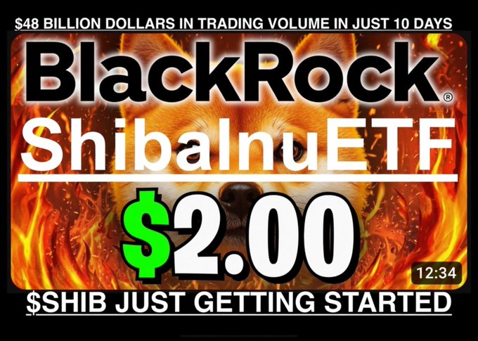 The image is a YouTube-style thumbnail featuring a Shiba Inu dog face amid flames, with bold text reading "BlackRock ShibaInuETF," "$48 BILLION DOLLARS IN TRADING VOLUME IN JUST 10 DAYS," and "$2.00 $SHIB JUST GETTING STARTED," visually amplifying the post's claim that a SHIB ETF would be a game-changing catalyst for institutional and retail demand.