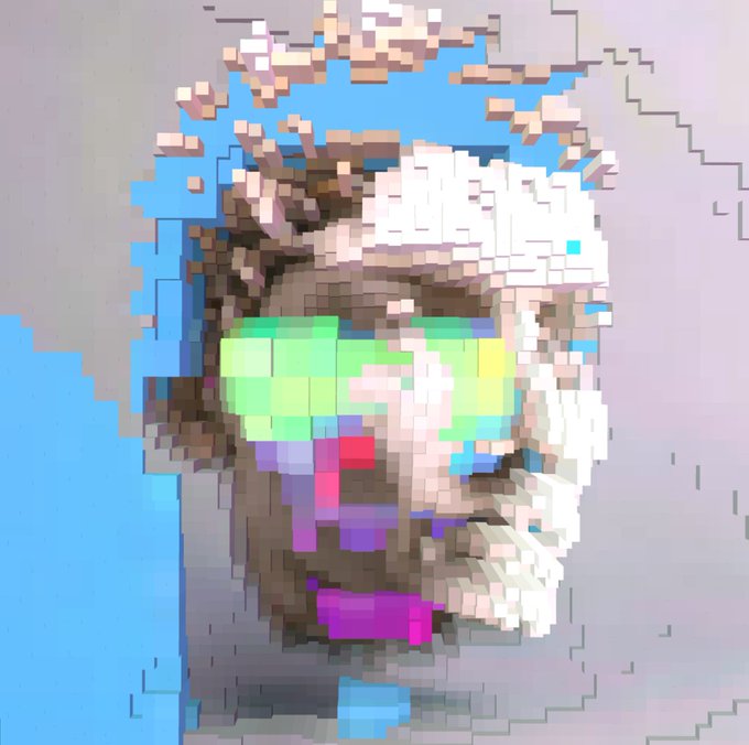 A heavily pixelated, glitchy digital art portrait of a character with bright yellow-green glasses against a gray background.