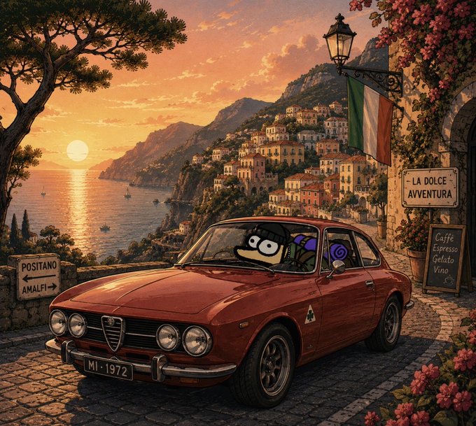 A classic red Alfa Romeo with a cartoon character driver enjoys a golden Italian sunset along the Amalfi Coast, with road signs pointing to Positano and Amalfi, a "La Dolce Avventura" placard, an Italian flag, and a menu listing Caffè, Espresso, Gelato, and Vino. The license plate "MI-1972" and the picturesque coastal village setting capture the leisurely road trip vibe echoed in the post's message about enjoying the journey and sunsets together.