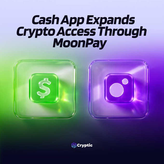 The image displays the headline "Cash App Expands Crypto Access Through MoonPay" above two glassy 3D app icons—the green Cash App dollar symbol on the left and the purple MoonPay logo on the right—visually representing the new partnership that allows eligible U.S. users to buy additional crypto assets using their Cash App balance via MoonPay's checkout.