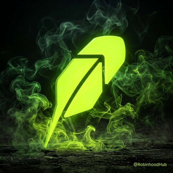 A glowing neon-green angular emblem stands on a dark textured surface, surrounded by green smoke or vapor. The handle “@RobinhoodHub” appears in the bottom-right corner.