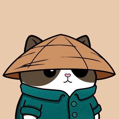 An illustration of a cartoon cat wearing a brown conical hat and a green button-up shirt against a beige background.